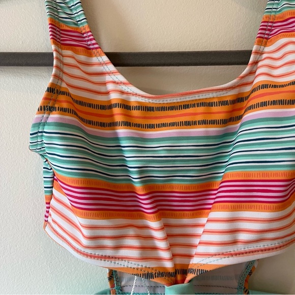 Mandarine &Co Girls One Piece Swimsuit XS/7 Colorful Stripe Top & Mint Bow Waist - Picture 2 of 7